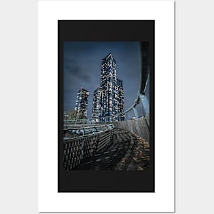 Footbridge with Skyscrapers in Manchester at Night Posters and Art